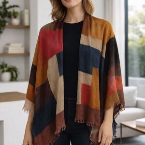 SAACHI Multicolor Geometric Wrap Shawl Scarf Cotton Spandex Fringe NWT